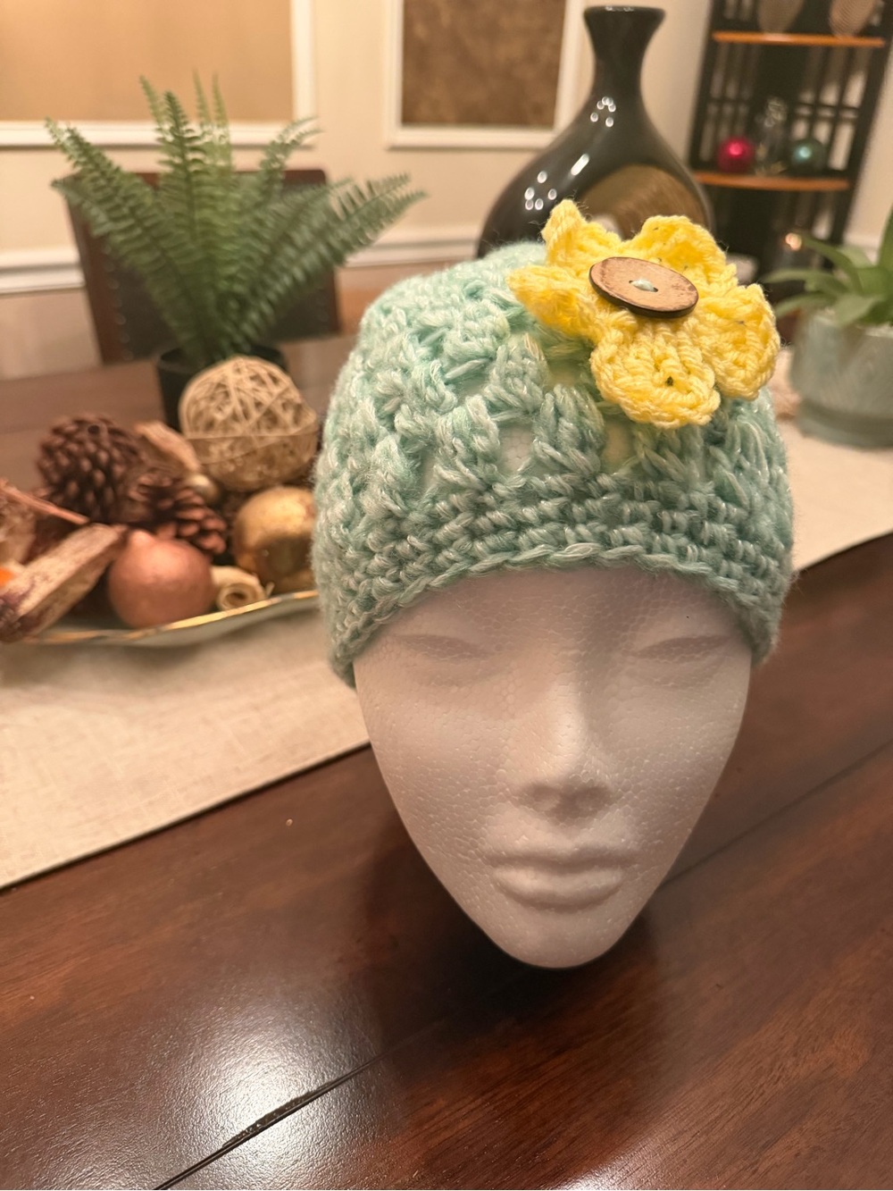 Handmade Crochet Beanie with Yellow Flower Accent